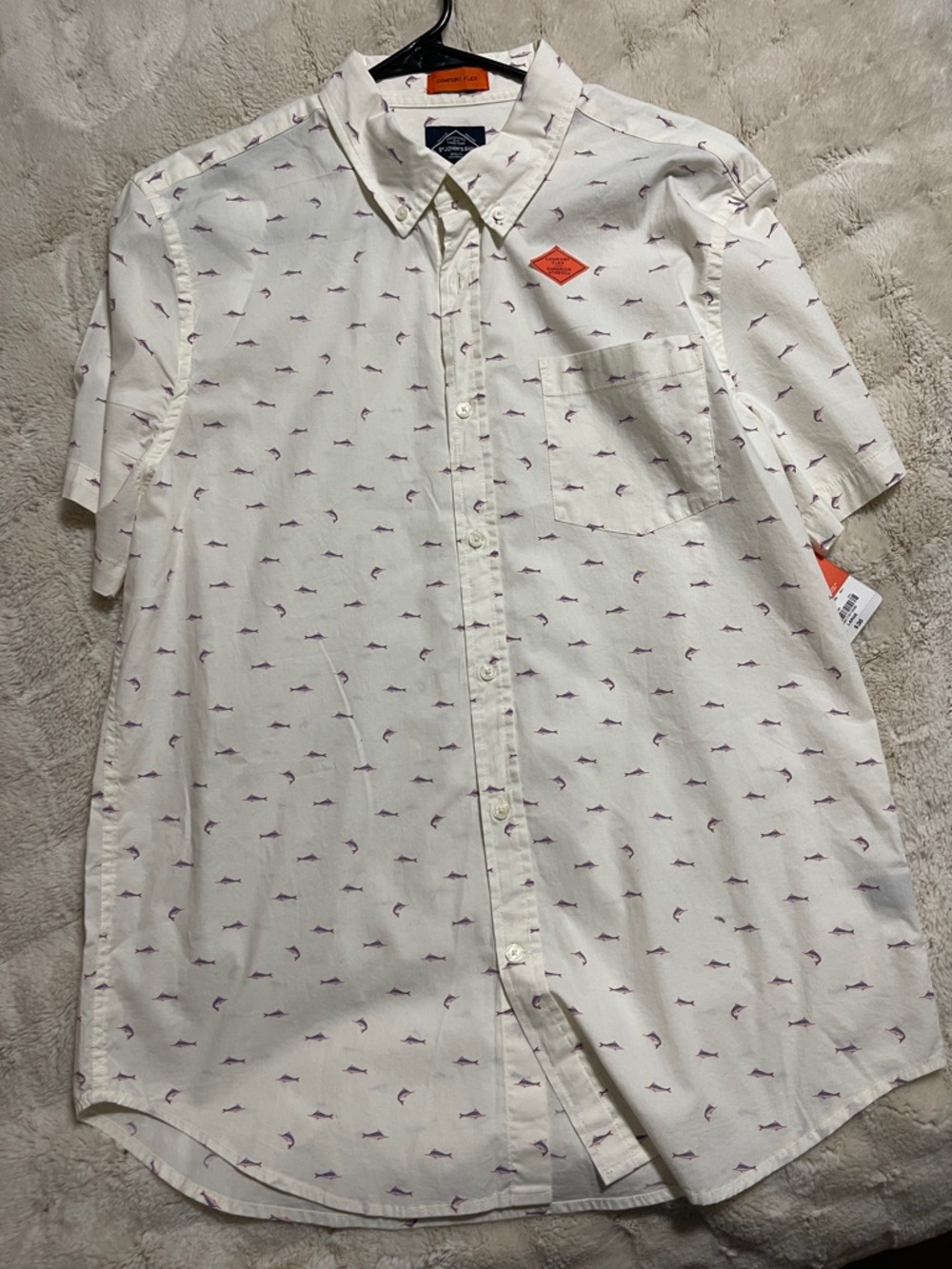 St. John's Bay White Short-Sleeve Button-Down with Purple Fish Motif